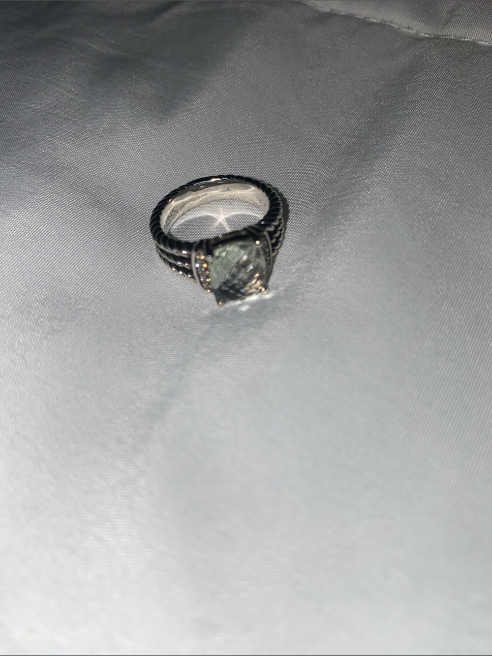 David Yurman Silver Ring with Gray-Green Stone with diamonds